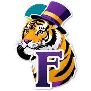 Purple and gold tiger with hat on with letter F  sticker