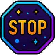 stop icon with dark purple, blue, and black base, bright accents, complex gradients, stars, bright neon border, modern clean stop symbol, glow and lighting effects, sophisticated futuristic icon style sticker