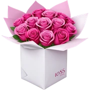 Pink red fushia bouquet of roses with white packaing sticker
