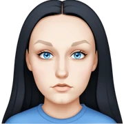 female, wearing grey sweatshirt, long black hair, bleached eyebrows sticker