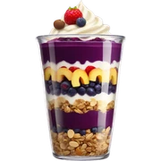 Açaí in a clear cup with layers of fruits and granola and condensed milk sticker