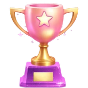 Trophy Emoji "A shiny pastel pink gaming trophy with a glowing base, tiny stars floating around, and glittery highlights accenting the design." sticker