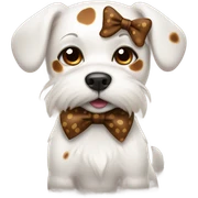 White dog with brown spots with a bow sticker