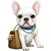 White French bulldog blue eyes holding a Chanel purse sticker