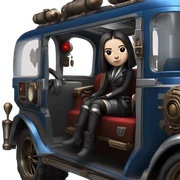 Jedi bounty hunter Wednesday Addams racing sitting in a modern blue,red and pewter steampunk electric luxury sticker