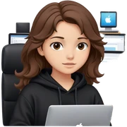 Girl with wavy brown hair wearing a black hoodie holding the computers, setting in her office  sticker
