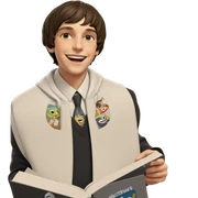 smiling boy with book jacket sticker