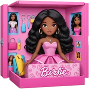  beautiful black women is inside barbie doll box with thick black hair with doll accessories on the side sticker
