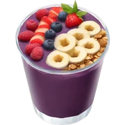 Açaí in a clear cup with layers of fruits and granola and condensed milk sticker