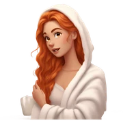 Girl putting cream on face bathroom red orange hair orange brown eyes beautiful face thick eyelashes pink lips gorgeous skinny fair skin white aesthetic tall girl doing skincare cozy robe hair in white towel sticker