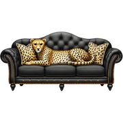 detailed, hyperrealism, still life style, beautiful realistic black leather sofa, with decorative cheetah pattern print realistic 3d vintage patterned pillows, masterpiece  sticker