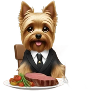 Yorkie eating steak at a dinner table sticker