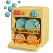 claymation style dishwasher with bubbles and sparkling plates, playful arrangement, pastel palette sticker
