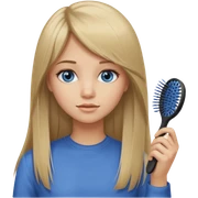 young woman with long straight dirty blonde hair, side bangs, and blue eyes. She is brushing her hair sticker