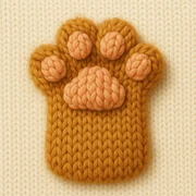 fluffy cat paw, knitted patch style, yarn texture, stitched details sticker