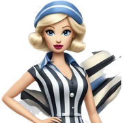 Blonde Silkstone Barbie enid sinclair from academy in a blue and black vertically-striped classic dress. riding hot rod bikes with crows sticker