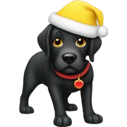 Black Labrador wearing a yellow Santa hat sticker