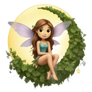 Female fairy, wings, long brown hair, sitting on crescent moon, vines sticker