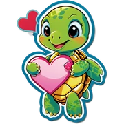 Sea turtle holding a heart sticker