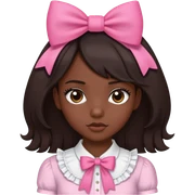 darkskin black girl, with straight shoulder length dark brown hair, a pink bow in her hair, with a frilly white shirt on sticker