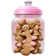 Realistic glass cookie jar with light pink lid full of gingerbread cookies isolated.  sticker
