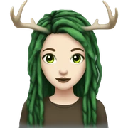 Girl with pale skin, green eyes, black dread-locks, eyeliner, deer antlers, grunge sticker