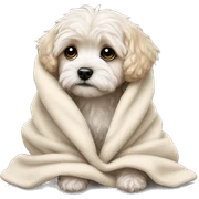 really sad crying maltipoo puppy in blanket cuddled up sticker