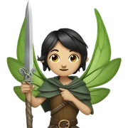 Androgynous, forest fairy, fairy wings, African, pointed elf ears, short black hair, vines, holding medieval sword sticker