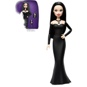  Elegant witch Wednesday Addams Barbie.  Small very light skin face. Earrings with matching necklaces. Long silky raven hair. black flowing strapless tight evening gown neckline that’s off-the-shoulders shows her legs and black high heel shoes.rc car sticker