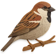 very detailed house sparrow perched on a tree branch, intricate cut paper textures, brown and gray feathers, realistic markings sticker