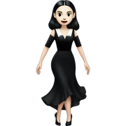 wednesday addams dancing with werewolves. high beauty face. short black flowing evening gown with  plunging neckline that’s off-the-shoulders that also shows her legs and black shiny velvet high heel shoes. sticker