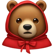 bear wearing a red hood with a bow sticker