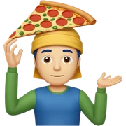 Creat a square guy yellow is t shirt is blue and is pants is green, and on is head i av a pizza sticker