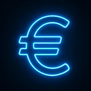 Euro sign (€) emoji, neon-blue style, electric-blue glow, smooth lines, techy aesthetic, dark background. sticker