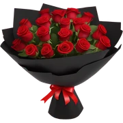 Beautiful bouquet of red roses in a black package with a red Ribbon  sticker