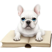 White French bulldog with blue eyes sitting on a Chanel book sticker