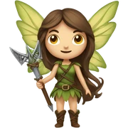 Female forest fairy, wings, pointed elf ears, long brown hair, vines, holding medieval sword sticker