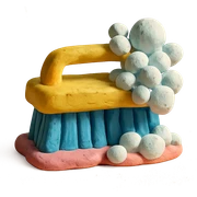 cleaning brush with soap bubbles, pastel palette, visible clay texture in claymation style sticker