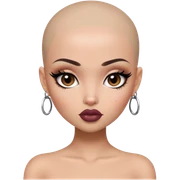 bald, pretty lips, pale tattoed skin,  dark brown eyes, pretty bratz baddie, black eyeliner sticker