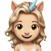 newborn with pale skin, hazel eyes, straight brown hair, wearing unicorn headband and big smile and tongue out sticker
