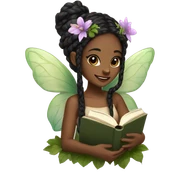 Black female forest fairy, wings, pointed elf ears, long box braid hair, reading, stack of books, vines, flowers sticker