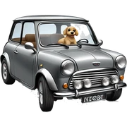 Gray retro mini cooper 1600 cs and little fluffy dog ​​Bela at the wheel sticker