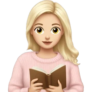 Pretty blue eyed white girl with light pink sweater reading cozy sticker