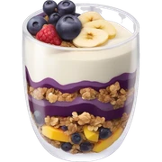 Açaí in a clear cup with layers of fruits and granola and condensed milk sticker