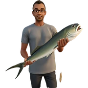 boy holding fish by ocean sticker