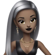  Seku-kyabakura Bunny Wends Addams Barbie.  Small very light skin face. Black lipstick and eyeshadow. Earrings matching necklaces. Long silky raven hair. Dress that’s off-the-shoulders shows her legs and black high heel.  sticker