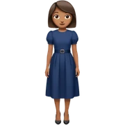 Menina pele parda, sorridente cabelo liso médio curto, roupa modesta, vestido azul marinho longo manga bufante pequeno,  salto preto mão na cintura  sticker