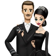 Audrey Hepburn as Sabrina Barbie.Morticia Addams. Show full body. Embroidered long black gown jewelry gloves pearl earrings  sticker