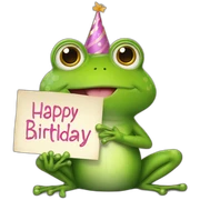 frog holding a sign that has “Happy Birthday Priya” sticker