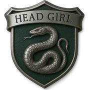 Transform this badge into a realistic Slytherin head girl badge. Replace the lion emblem with a detailed serpent emblem. Change the colors to Slytherin's green and silver. Update the text to 'Head Girl'. Keep the polished, metallic style and remove any Gryffindor elements. The style should be realistic and polished metallic badge style. sticker